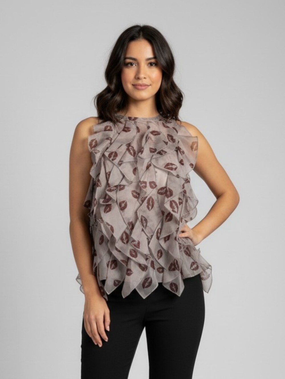 Halter Top, UK Brand: Mint Velvet, Lip Print, Ruffle Size10 NWT